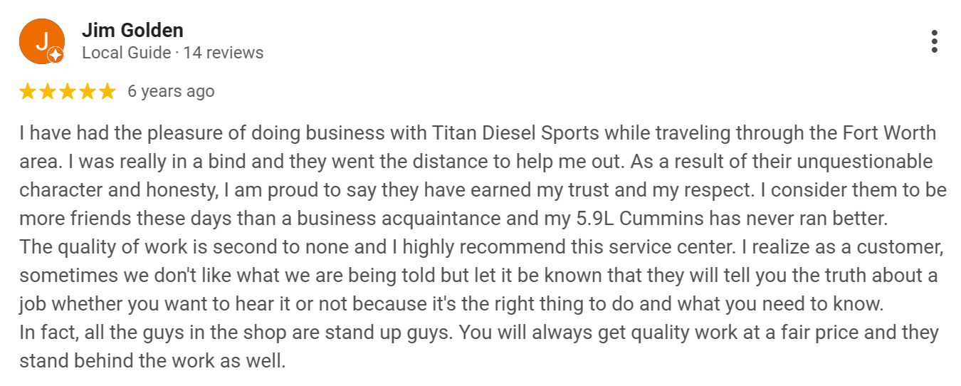 Google review for Titan Diesel Sports.