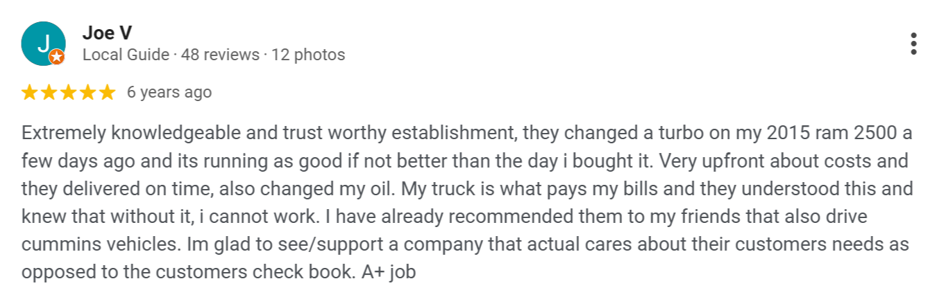 Google review for Titan Diesel Sports.